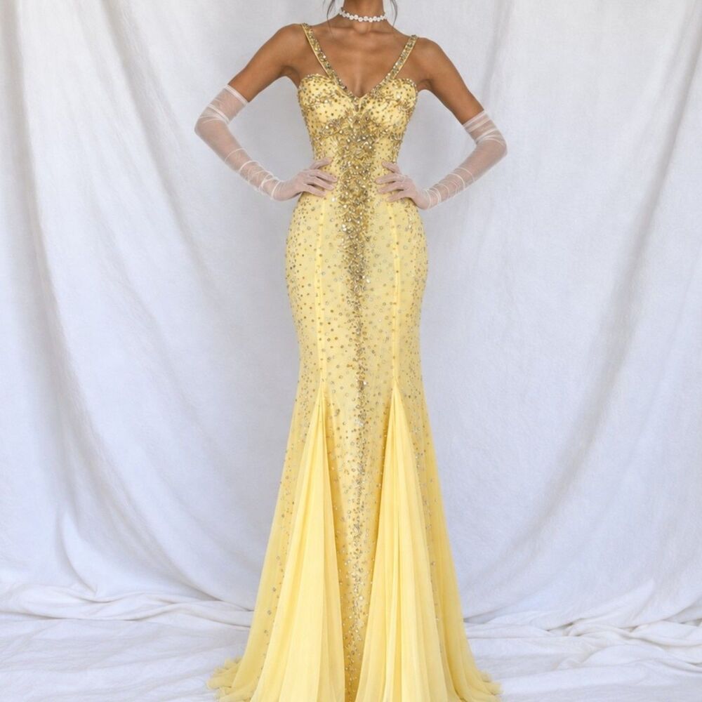 Vintage Y2K Yellow Beaded Mesh Bodycon Maxi Prom Formal Fishtail Dress Size XS/S